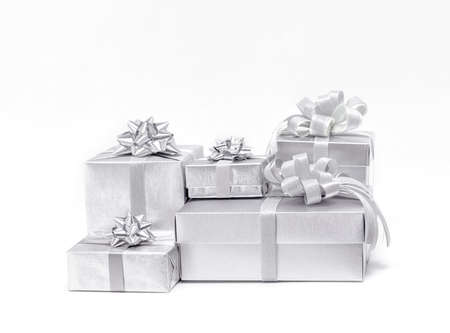 Celebration silver gift boxes for decoration on white backgroundの写真素材