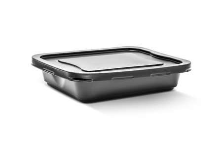 blank packaging black plastic food case isolated on white background with clipping pathの写真素材