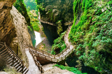 Longshuixia Fissure Gorge in Wulong country, Chongqing city, southwest China, It is a typical karst landscape and fantastic nature placeの写真素材