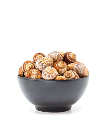 grilled spotted babylon shell in black bowl isolated on white background