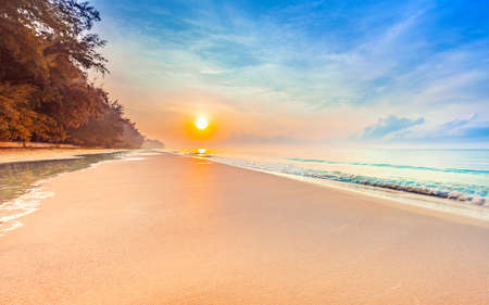 beautiful sunrise on the tropical beach with a little waves and row of pine tree look like the paradise in summer relaxing holiday timeの写真素材