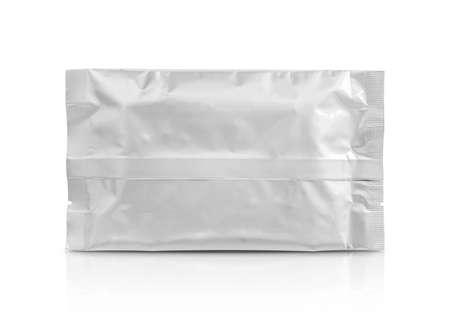 blank packaging aluminum foil pouch isolated on white background with clipping pathの写真素材