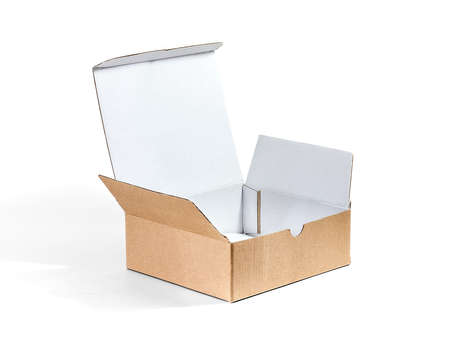 opened kraft cardboard box made by recycled paper isolated on white background with clipping path
