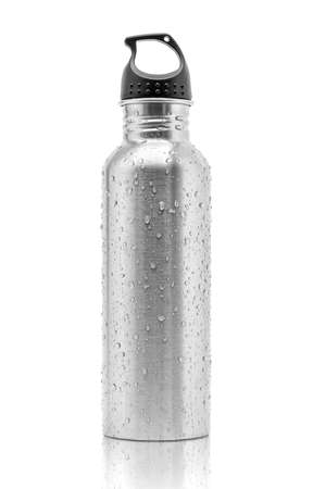 metallic aluminum water drinking bottle for sport activity with water droplets isolated on white backgroundの写真素材