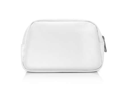 blank white leather premium handle bag isolated on white backgroundの写真素材