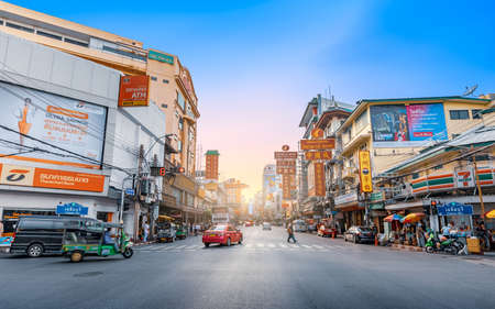 CHINATOWN, BANGKOK THAILAND - 12 MAY 2018: sunset at Yaowarat road, the main street of Chinatown in Bangkok  Chinatown or Yaowarat is one of the famous landmark of chinese Arts and Buildings in Bangkok, Thailand.のeditorial素材