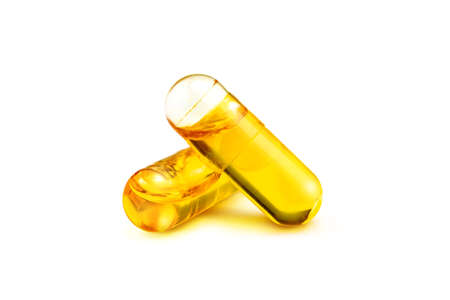 Fish oil capsules supplement health care product with high omega-3 isolated on white background