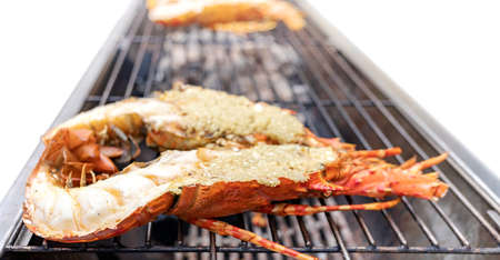 lobster grilled on hot charcoal grill this is delicious local asia food on market street of yaowarat in Thailandの写真素材