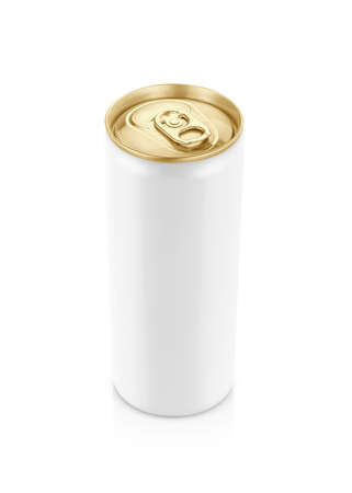 blank packaging white tin can with golden top for drink beverage product design mock-up isolated on white backgroundの写真素材