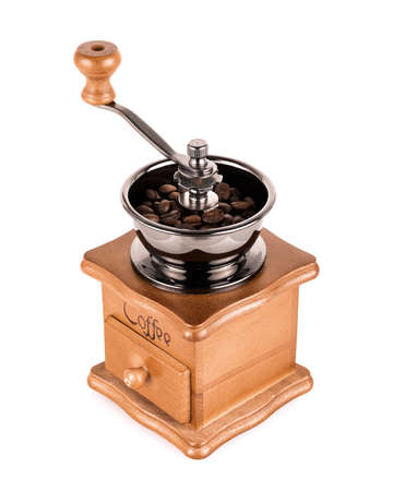 vintage wooden coffee grinder tool isolated on white background, retro household equipmentの写真素材