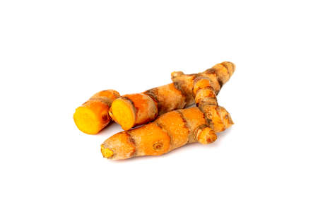 Thai herb Turmeric or Curcuma longa Linn root sliced isolated on white backgroundの写真素材