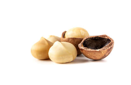 Macadamia nuts healthy nutrition food isolated on white backgroundの写真素材