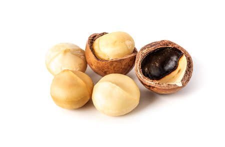 Macadamia nuts healthy nutrition food isolated on white backgroundの写真素材