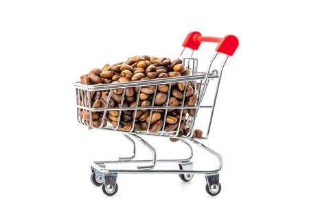 Roasted coffee beans in mini supermarket push cart isolated on white background, business and marketing conceptの写真素材