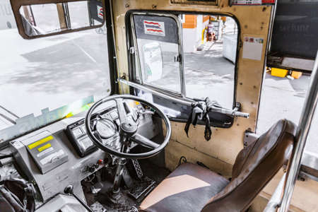 BANGKOK THAILAND - July 26 2017 : Vintage bus driver control seat in close-up shot. Bangkok Thailand...