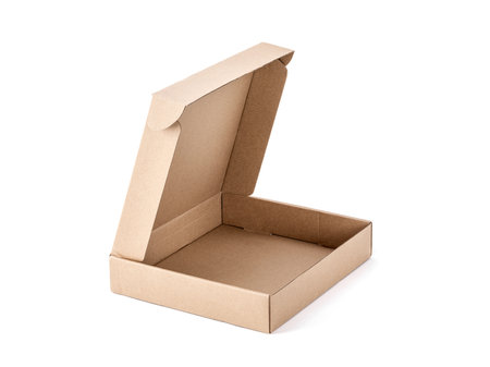 Paper kraft cardboard box made from recyled paper open and isolated on white backgroundの写真素材