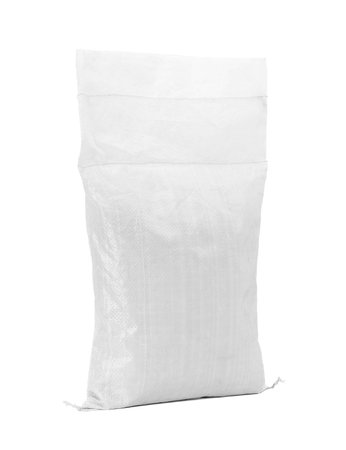 Sand bag or white plastic canvas sack for rice or agriculture product isolated on white backgroundの写真素材