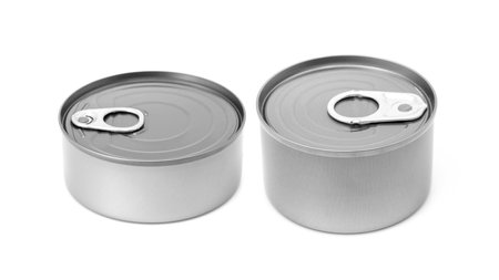 Tin can packaging with a ring pull for conserving food products isolated on white backgroundの写真素材