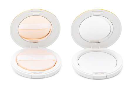 White cosmetic packaging puff pressed powder for product design mock-up isolated on white backgroundの写真素材