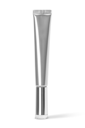 Blank packaging silver metallic tube for cosmetic product design mock-up isolated on white backgroundの写真素材