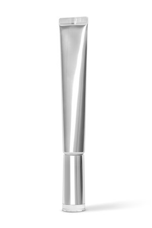 Blank packaging silver metallic tube for cosmetic product design mock-up isolated on white backgroundの写真素材