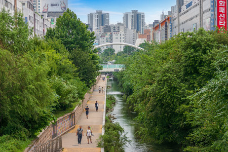 Seoul, South Korea, July 22, 2023: Cheonggyecheon Stream is a public modern recreation space, and a popular tourist destination When visiting Seoul.のeditorial素材
