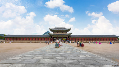 Seoul, South Korea: July 2, 2023: Gyeongbokgung Palace is a famous historical landmark, The Visitors can visit for free if they wear Korean national costumes or hanbok.のeditorial素材
