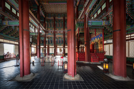 Seoul, South Korea: June 17, 2023: Hall of the ancient Throne of the historical King of Korea, interior view inside Gyeongbokgung Palace, a famous landmark when visiting South Koreaのeditorial素材