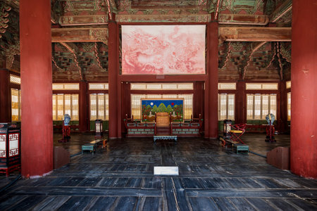 Seoul, South Korea: June 17, 2023: Hall of the ancient Throne of the historical King of Korea, interior view inside Gyeongbokgung Palace, a famous landmark when visiting South Koreaのeditorial素材