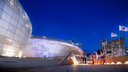 Seoul, South Korea: July 22, 2023: Modern architecture of Dongdaemun Design Plaza or DDP at night, This Plaza is the famous Moderness landmark of Seoul, South Korea.のeditorial素材