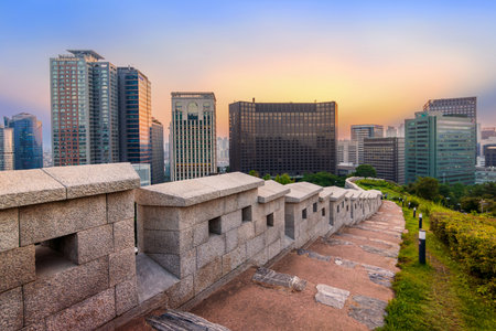 Seoul, South Korea: July 19, 2023: Namsan Park with a beautiful Seoul cityscape at the sunset, You can see a beautiful view and the N-seoul Tower at this public observation point.のeditorial素材