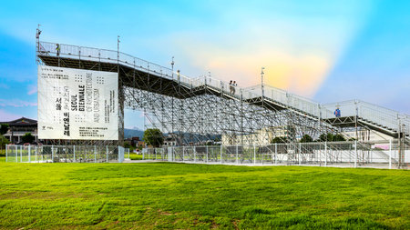 Seoul, South Korea: July 2, 2023: The 4th Biennale of Architecture and Urbanism, stainless steel stairs lead to a 12-meter high observatory for visitors to enjoy the breeze and scenery.のeditorial素材