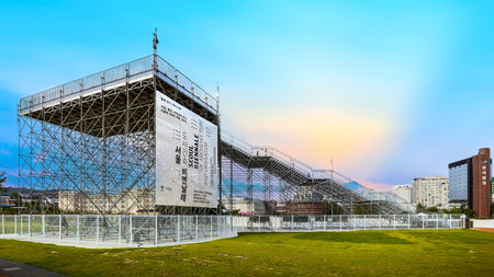 Seoul, South Korea: July 2, 2023: The 4th Biennale of Architecture and Urbanism, stainless steel stairs lead to a 12-meter high observatory for visitors to enjoy the breeze and scenery.のeditorial素材