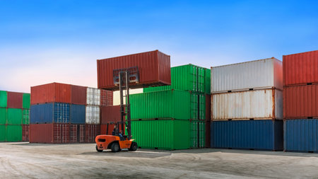 Container stacking cargo with forklift truck working in shipping harbor. Logistics export import Business concept.の写真素材