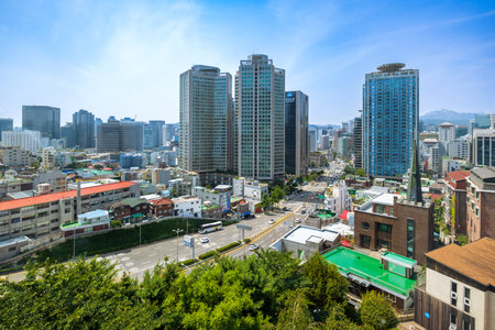 Seoul, South Korea, June 17, 2023: The city view from the cable car while ascending to N-Seoul...