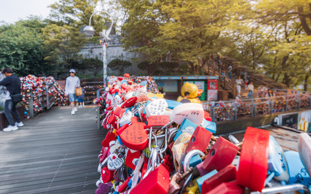 Seoul, South Korea, June 17, 2023: Love locks at N-Seoul Tower, symbolize forever love with inscribed messages, collectively displayed at this popular tourist destination.のeditorial素材