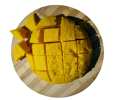A polenta on wooden dish