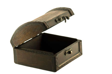 Antique wooden chest, open and isolated on white backgroundの写真素材