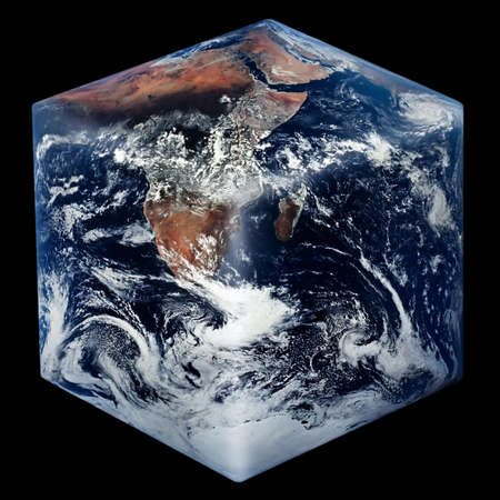 Cube-shaped Planet Earth isolated on blackの写真素材
