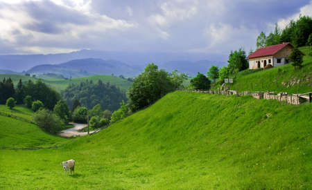Amazing and peaceful landscape in a romanian villageの写真素材