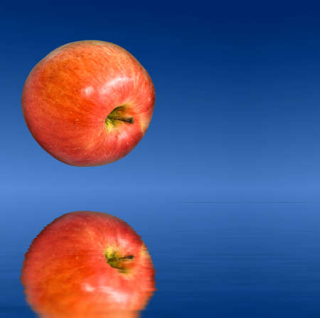 Red apple reflecting in nice blue waterの写真素材