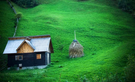 Peaceful view of vivid green hill meadow and wood cottageの写真素材
