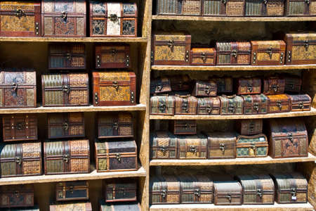 Numerous wooden chests in various colorsの写真素材