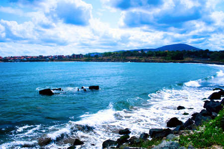 Beautiful landscape - Sea waves and cloudy blue skyの写真素材