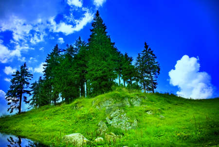 Top of mountain with lake, green trees and clouds on blue skyの写真素材