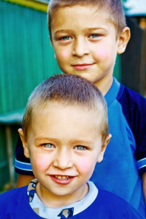 Portrait of two happy brothersの写真素材
