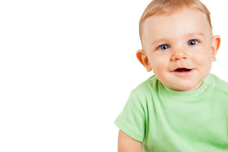 One baby boy with funny cute expression isolated on whiteの写真素材