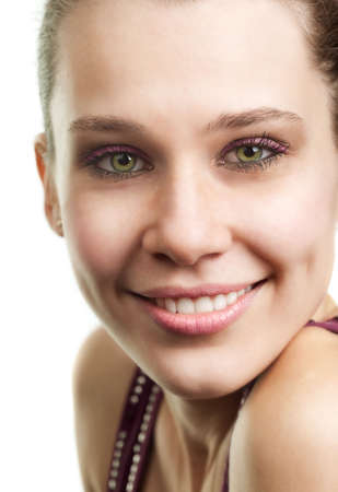 Face of happy woman with beautiful smile over whiteの写真素材