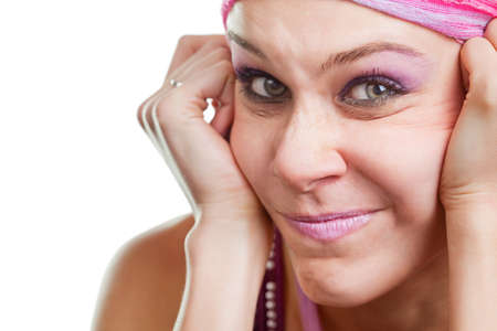 Woman with funny expression isolated on whiteの写真素材