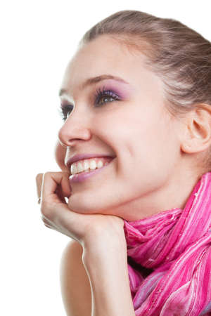 Face of one happy joyful young woman over whiteの写真素材